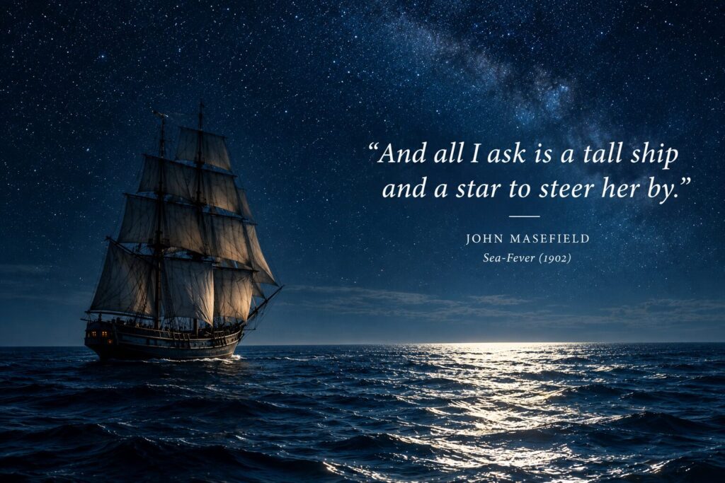 History of celestial navigation - sailing ship in the open ocean at nighttime, navigating by the stars with a quote from John Masefield's Sea-Fever