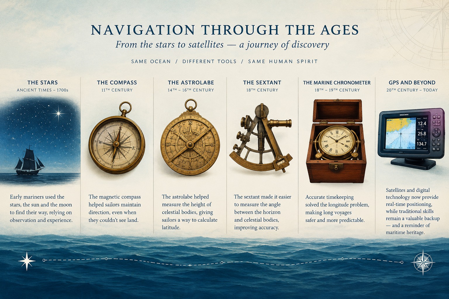 Illustration showing the evolution of maritime tools throughout the history of celestial navigation, from stars and the magnetic compass to the astrolabe, sextant, marine chronometer and GPS.